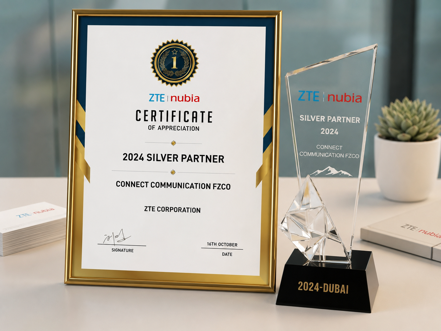 ZTE nubia 2024 Silver Partner certificate and crystal trophy
